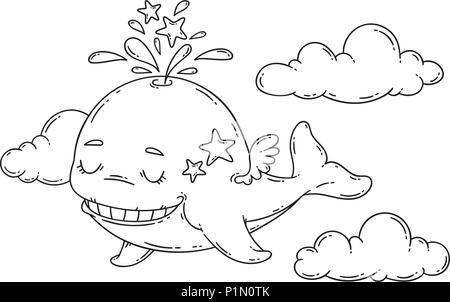 A whale with wings in the sky with stars. Vector illustration isolated on white background. Print for nursery. Coloring page for kids. Stock Vector