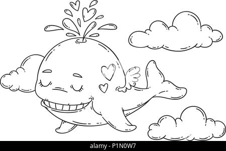 A whale with wings in the sky with hearts. Vector illustration isolated on white background. Print for nursery. Coloring page for kids. Stock Vector