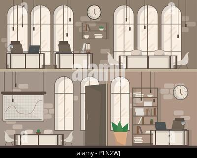 Empty Office Space Interior Modern Workplace Space Flat Vector Illustration Stock Vector