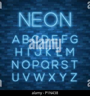 Realistic neon alphabet. Bright neon glowing font Stock Vector