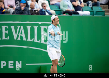 Nottingham Tennis Centre, Nottingham, UK. 12th June, 2018. The Nature Valley Open Tennis Tournament; Tatsuma Ito (JPN) querying a line call in his match with Cameron Norrie (GBR) Credit: Action Plus Sports/Alamy Live News Stock Photo