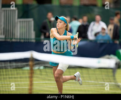 Nottingham Tennis Centre, Nottingham, UK. 12th June, 2018. The Nature Valley Open Tennis Tournament; Katie Swan (GBR) in action at the net against Monica Barthel (GER) Credit: Action Plus Sports/Alamy Live News