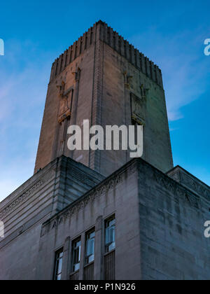 Liverpool Waterfront, Liverpool, England, United Kingdom, 12th June 2018. UK Weather: sunset over the dock area in Liverpool. The ornate historic Art Deco Georges Dock ventilation shaft building lit up at dusk makes a striking contrast to the low light at sunset