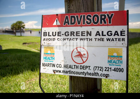 Stuart, Florida, USA. 12th June, 2018. A sign posted by Martin County Health Department warns to avoid contact with blue-green algae near the Port Mayaca locks on June 12, 2018. Credit: Allen Eyestone/The Palm Beach Post/ZUMA Wire/Alamy Live News Stock Photo
