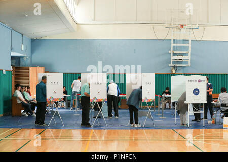 Seoul, South Korea. 13th June, 2018. People vote at a polling station in Seoul, South Korea, June 13, 2018. South Korean people began voting early Wednesday in local elections and parliamentary by-elections in what appeared to be a confidence vote on the government of President Moon Jae-in. Credit: Wang Jingqiang/Xinhua/Alamy Live News Stock Photo