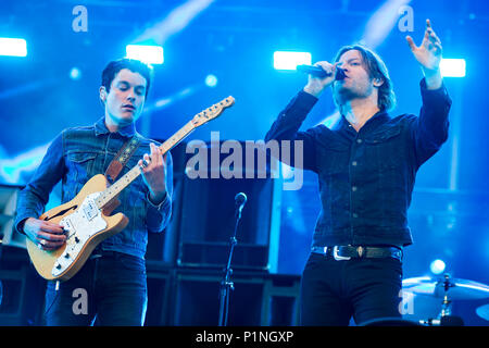 Hannover, Germany. 12th June, 2018. Swedish rock band Mando Diao with singer and frontman Björn Dixgård performs at festival stage on d!campus at CEBIT 2018, international computer expo and Europe's Business Festival for Innovation and Digitization. Credit: Christian Lademann / Alamy Live News Stock Photo