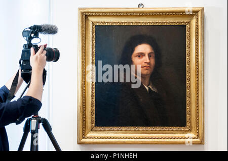 London, UK.  13 June 2018.  'Self-Portrait of Giorgione', 1792, by Antonio Canova,  (est. £1m) is presented.  More known as the sculptor of V&A's 'The Three Graces', Canova's rediscovered painting, was made to fool fellow Roman artists into believing that it was an original self-portrait by Giorgione.  It is on public view for the first time since being painted at M&L Fine Art gallery, Old Bond Street, during London Art Week, with 40 galleries St James's and Mayfair taking part, 28 June to 6 July 2018.  Credit: Stephen Chung / Alamy Live News Stock Photo