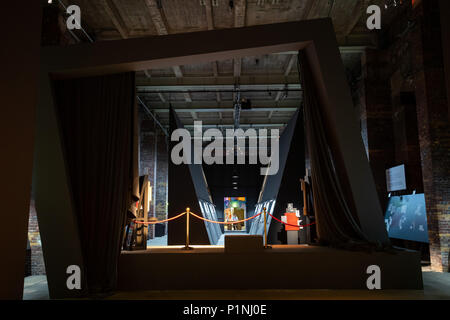 13 June 2018, Nuremberg, Germany: View of the exhibition 'Hitler.Macht.Oper · Propaganda und Musiktheater in Nürnberg' (lit. 'Propaganda and Musical Theatre in Nuremberg') at the Documentation Center Nazi Party Rally Grounds. The exhibition will be shown between the 15th of June 2018 and the 3rd of February 2019. It documents the role of musical theatre in National Socialist propaganda. Photo: Daniel Karmann/dpa Stock Photo