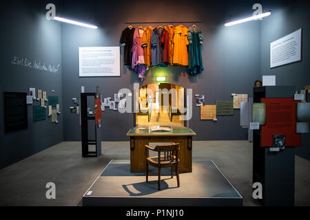 13 June 2018, Nuremberg, Germany: The 'director's table' in the 'director's room' can be seen at the exhibition 'Hitler.Macht.Oper · Propaganda und Musiktheater in Nürnberg' (lit. 'Propaganda and Musical Theatre in Nuremberg') at the Documentation Center Nazi Party Rally Grounds. The exhibition will be shown between the 15th of June 2018 and the 3rd of February 2019. It documents the role of musical theatre in National Socialist propaganda. Photo: Daniel Karmann/dpa Stock Photo