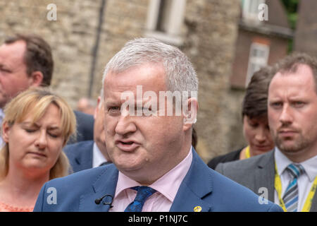 London, UK. 13th June 2018 Ian Blackford MP Leader of the SNP at Westminster, talks to the media after all the SNP MP's walk out of the Commons following his expulsion from the Commons by the Speaker John Bercow for heckling over the lack of  voice for the SNP during the BREXIT debate Credit Ian Davidson/Alamy Live News Stock Photo