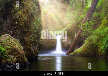 Sun ray beams over Punch Bowl Falls waterfall along Eagle Creek at Columbia River Gorge in Oregon Stock Photo