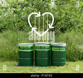 Waste recycling bins at Daylesford Organic farm shop summer festival. Daylesford, Cotswolds, Gloucestershire, England Stock Photo