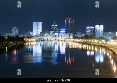 ROCHESTER, NY - MAY 14, 2018: Skyline of Rochester, New York along  Genesee River at night Stock Photo