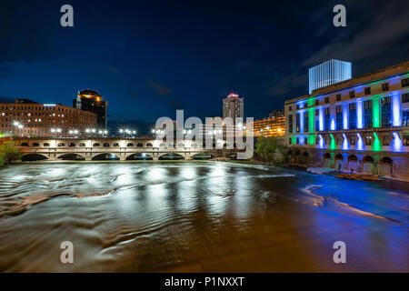 ROCHESTER, NY - MAY 14, 2018: Court Street Bridge in Rochester, New York along the Genesee River at night Stock Photo