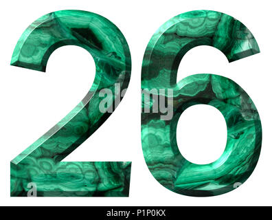 Arabic numeral 26, twenty six, from natural green malachite, isolated on white background Stock Photo
