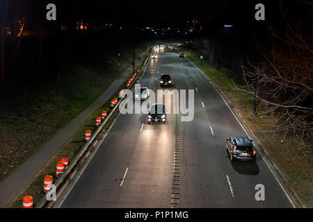 Washington DC, USA - March 9, 2018: Rock Creek and Potomac Parkway NW aerial view down of highway road street at night by Georgetown in capital city,  Stock Photo