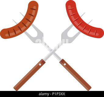Sausage on barbecue fork. Grilled sausage. BBQ or grill tools icon. Crossed barbecue forks with grilled sausages. Symbol Template Logo. Vector illustr Stock Vector