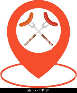 Food Location Icon Logo Design Element. Barbecue sausage icon map pointer. Vector illustration flat design. Isolated on white background. Stock Vector