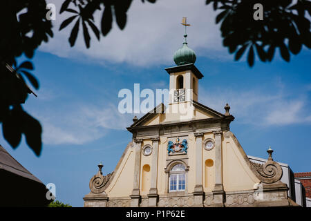 LUNEBURG, GERMANY - MAY 24, 2018: Baroque zellow building in the historic town of Lueneburg, Germany Stock Photo