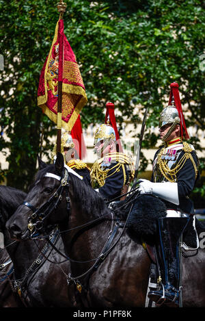 Trooping the Colour 2018. Blues and Royals with standard. Mounted soldiers of Household Cavalry in The Mall, London, UK Stock Photo