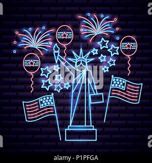 american independence day statue of liberty neon fireworks balloons flag united states vector illustration Stock Vector