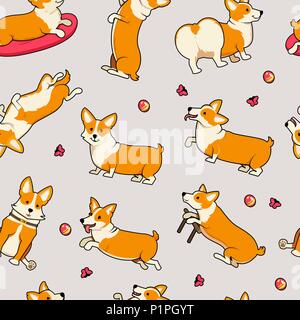 Seamless pattern. Cute dogs breed Welsh Corgi Pembroke on white background. A domestic pet, a happy royal animal for girls. Funny Red haired puppy looks like a fox. Vector illustration. Stock Vector