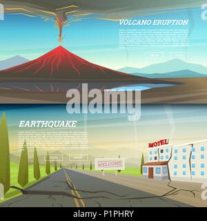Active volcano eruption with leaky magma Background. Natural disaster or cataclysm. earthquake with ground crevice. Ruined house with crack. Fuming lava. Mountain landscapes for poster, web and card. Stock Vector