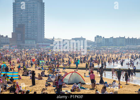 Crowded beach on a hot Bank Holiday weekend in Margate, London, UK