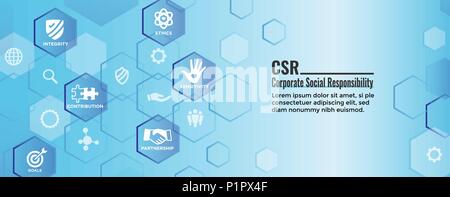 CSR - Corporate social responsibility web banner with Icon Set w Honesty, integrity, collaboration, etc Stock Vector