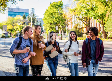 An ethnically diverse group of university students walk and talk together on the campus in autumn; Edmonton, Alberta, Canada Stock Photo