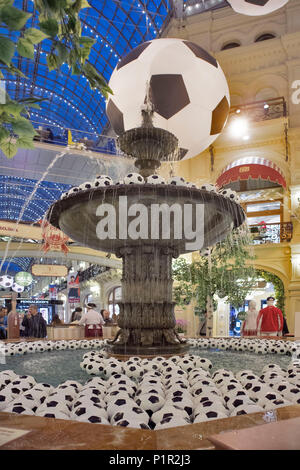 Moscow, RUSSIA - June 11, 2018: Gum department store, the oldest shopping mall decorated by soccer balls for the World Cup Stock Photo