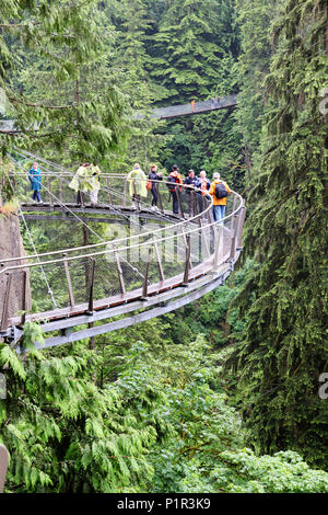 VANCOUVER - JUN 29, 2011: Visitors explore Vancouver's Capilano Cliff Walk through rainforest vegetation, a cantilevered and suspended walkway jutting Stock Photo