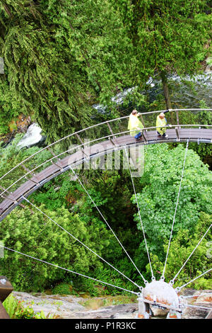 VANCOUVER - JUN 29, 2011: Visitors explore Vancouver's Capilano Cliff Walk through rainforest vegetation, a cantilevered and suspended walkway jutting Stock Photo