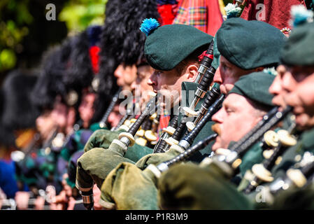 Trooping the Colour 2018. Band of the Irish Guards pipers. Bagpipes. British Army on The Mall, London, UK. Massed bands Stock Photo