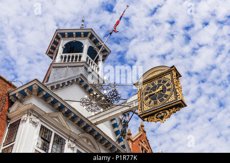 The iconic Guildhall with its distinctive historic medieval clock in High Street, Guildford, the prosperous county town of Surrey, southeast England Stock Photo