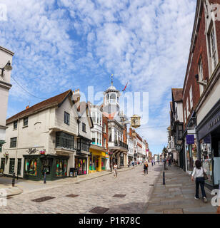 The iconic Guildhall with its distinctive historic medieval clock in High Street, Guildford, the prosperous county town of Surrey, southeast England Stock Photo