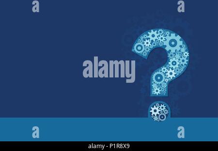 Vector illustration of question mark made of gears on blue backdrop. Stock Vector