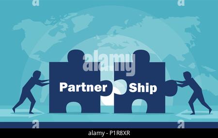 Flat style illustration of businesspeople stacking puzzle pieces creating new relations in business world. Stock Vector