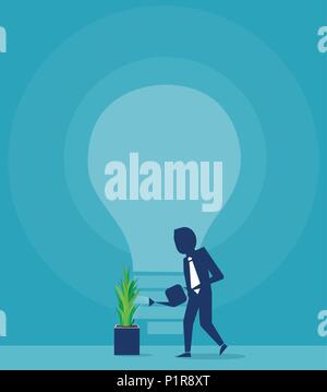 Flat style illustration of businessman watering flowerpot having great idea. Stock Vector