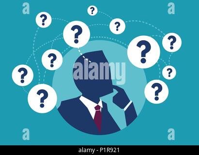 Vector picture of businessman having plenty of question thinking in doubts. Stock Vector