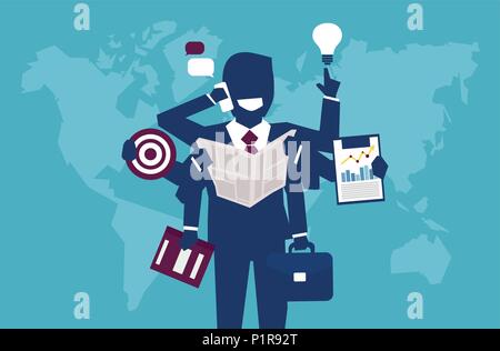 Vector illustration of businessman with plenty of hands managing to complete all goals. Stock Vector