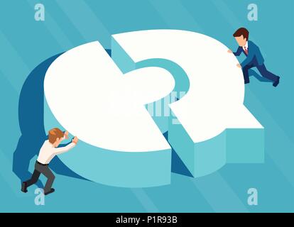 Vector picture of businesspeople working in team putting pieces of puzzle together. Stock Vector