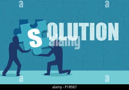 Vector illustration of people working in team and solving problem together assembling jigsaw puzzle. Stock Vector