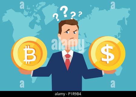Flat style picture of businessman holding dollar coin and bitcoin looking confused with finances. Stock Vector