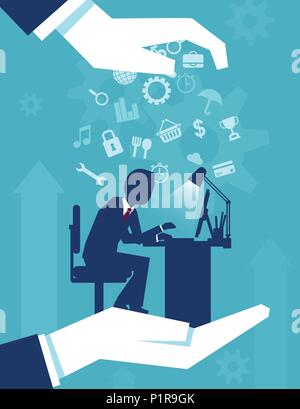 Vector illustration of anonymous employer helping office worker with protection. Stock Vector