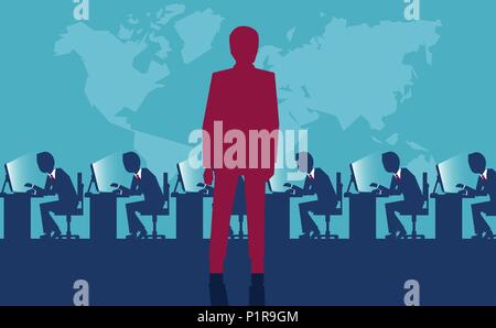 Vector illustration of a boss watching employees laboring in office. Stock Vector
