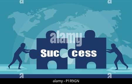 Vector illustration of businessmen assembling puzzle with word Success together working in team. Stock Vector