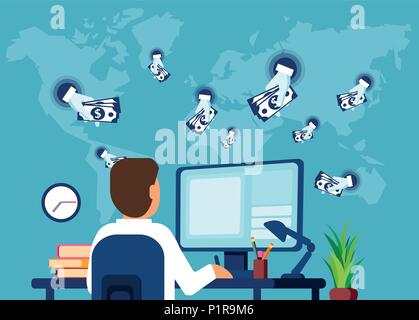 Vector illustration of man working with computer having contracts for job with plenty of multinational companies. Stock Vector