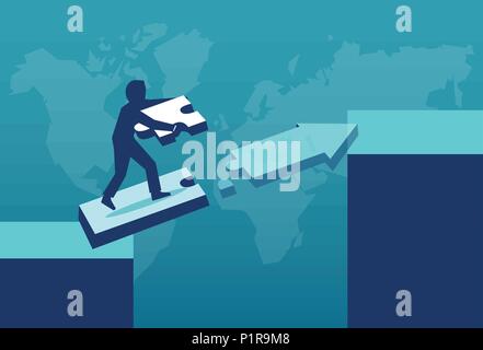 Vector illustration of businessman solving problems on way to success making bridge with jigsaw puzzles. Stock Vector