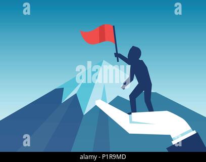 Concept vector picture of man climbing mount and reaching top with assistance of investor. Stock Vector